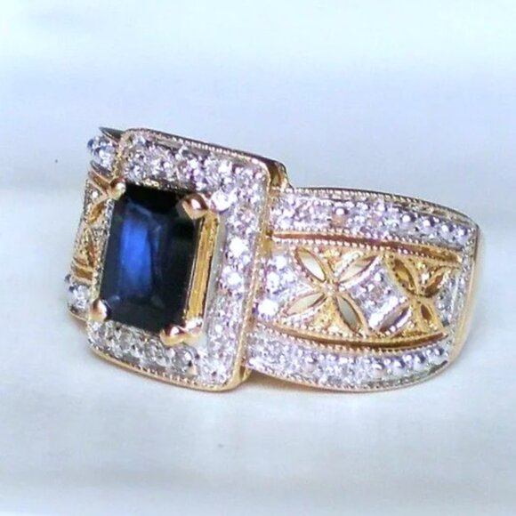 Designer 14K Yellow Gold Sapphire Diamond Halo Cluster Filigree Ring P - Picture 4 of 8